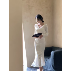 批发新款法式温柔风女人味长袖荡领修身显瘦长款鱼尾优雅包臀连衣裙