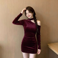 批发性感辣妹风长袖丝绒<b class='q'>连衣裙</b>女秋冬内搭打底气质修身显瘦包臀短裙z