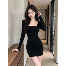 批发纯欲辣妹方领长袖连衣裙高腰褶皱遮肉<b class='q'>包臀</b><b class='q'>短裙</b>褶皱收腰百搭打底裙