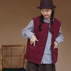 批发新款冬季棉服细灯芯绒马甲文艺乌梅紫新雪丽夹棉马夹女士