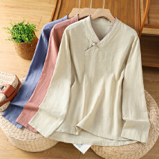 批发实拍新中式棉麻女装春秋款V领长袖复古盘扣衬衫显瘦上衣禅意茶服