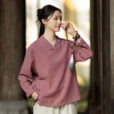批发新中式高端棉麻女装春秋款V领长袖复古盘扣衬衫显瘦上衣禅意茶服