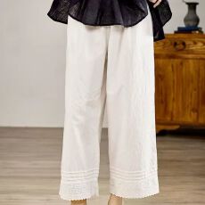批发文艺复古花边休闲<b class='q'>打底裤</b>棉质松紧腰轻薄纯色九分阔腿裤女春夏