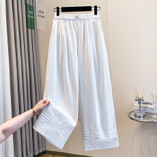 批发实拍文艺复古花边休闲<b class='q'>打底裤</b>棉质松紧腰轻薄纯色九分阔腿裤女春夏