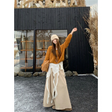 批发实拍 新款南瓜色毛衣＋叠穿蕾丝罩衫＋阔腿裤套装