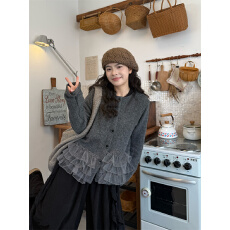 实拍 新款显瘦蕾丝花边毛衣开衫+不规则设计感T恤+灯芯绒阔腿裤