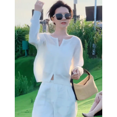 批发白色长袖冰丝针织衫女2025新款秋季薄款宽松防晒罩衫开衫短款上衣