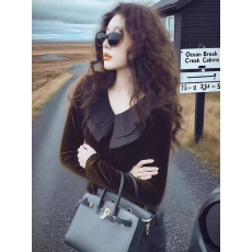 批发<b class='q'>秋</b>冬阔太太洋气高贵上衣高级感重要场合法式气质通勤棕色丝绒衬衫