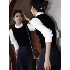 批发法式气质黑色假两件<b class='q'>长袖</b>针织衫2025秋季新款小众不撞款超好看上衣