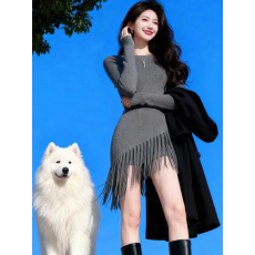 批发灰色针织<b class='q'>流苏</b><b class='q'>连衣裙</b>女冬装巨好看小个子法式气质减龄掐腰内搭裙子