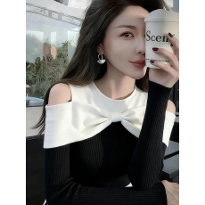 批发韩系甜美蝴蝶结撞色拼接针织衫女秋冬<b class='q'>气质</b>时尚设计感内搭露肩上衣