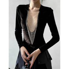 批发今年流行漂亮别致独特绝美小众设计高级感轻奢百搭黑色丝绒衬衫冬