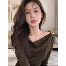 批发气质细闪荡领长袖针织衫女冬季巨好看轻熟修身显瘦打底衫内搭上衣