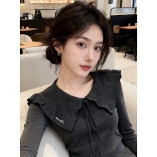灰色v型翻领蝴蝶结系带修身长袖T恤内搭打底衫女春季韩系穿搭上衣