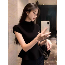 批发黑色半高领高级感收腰下摆荷叶边气质<b class='q'>上衣</b>2026年春季女装新款短袖