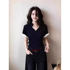 批发黑色V领正肩短袖t恤女夏季女装2026新款夏日ootd穿搭韩系漂亮上衣