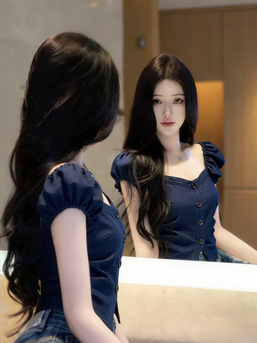 2026春季高级感轻奢减龄洋气小众独特超好看T恤蓝色花苞短袖上衣