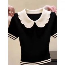 批发韩系chic撞色娃娃领短袖打底衫女夏季新款超好看修身显瘦<b class='q'>短款</b>上衣
