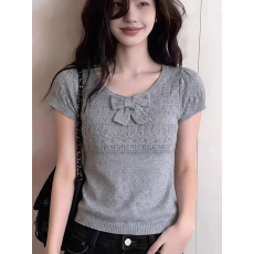批发灰色蝴蝶结上衣2026初夏韩系穿搭气质女士巨好看针织冰丝短袖t恤