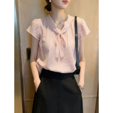 批发粉色短袖衬衫女夏季新款设计感小众法高级感系带设计感套头上衣女