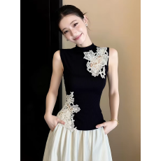 批发新中式国风黑色镂空蕾丝无袖背心上衣女2026夏季新款修身显瘦<b class='q'>t</b><b class='q'>恤</b>