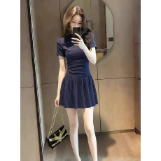 批发春季气质穿搭法式高级感超好看独特漂亮裙子miu里miu气蓝色连衣裙