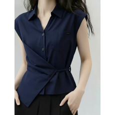 批发藏蓝色无袖绑带收腰衬衫女2026年夏季新款<b class='q'>通勤</b>显瘦设计感小众上衣