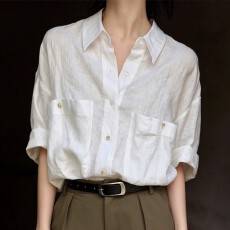 批发法式天丝亚麻白色<b class='q'>衬衫</b>女夏季复古轻奢高级感短袖<b class='q'>男</b>友风正肩<b class='q'>衬衣</b>