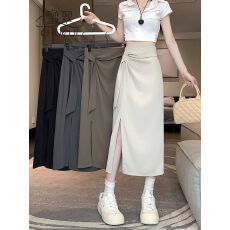 批发设计感开叉褶皱半身裙女2025春夏新款不规则中长款显瘦修身裙