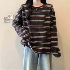 批发实拍大码女装春季长袖条纹针织衫慵懒风胖MM休闲宽松显瘦百搭上衣