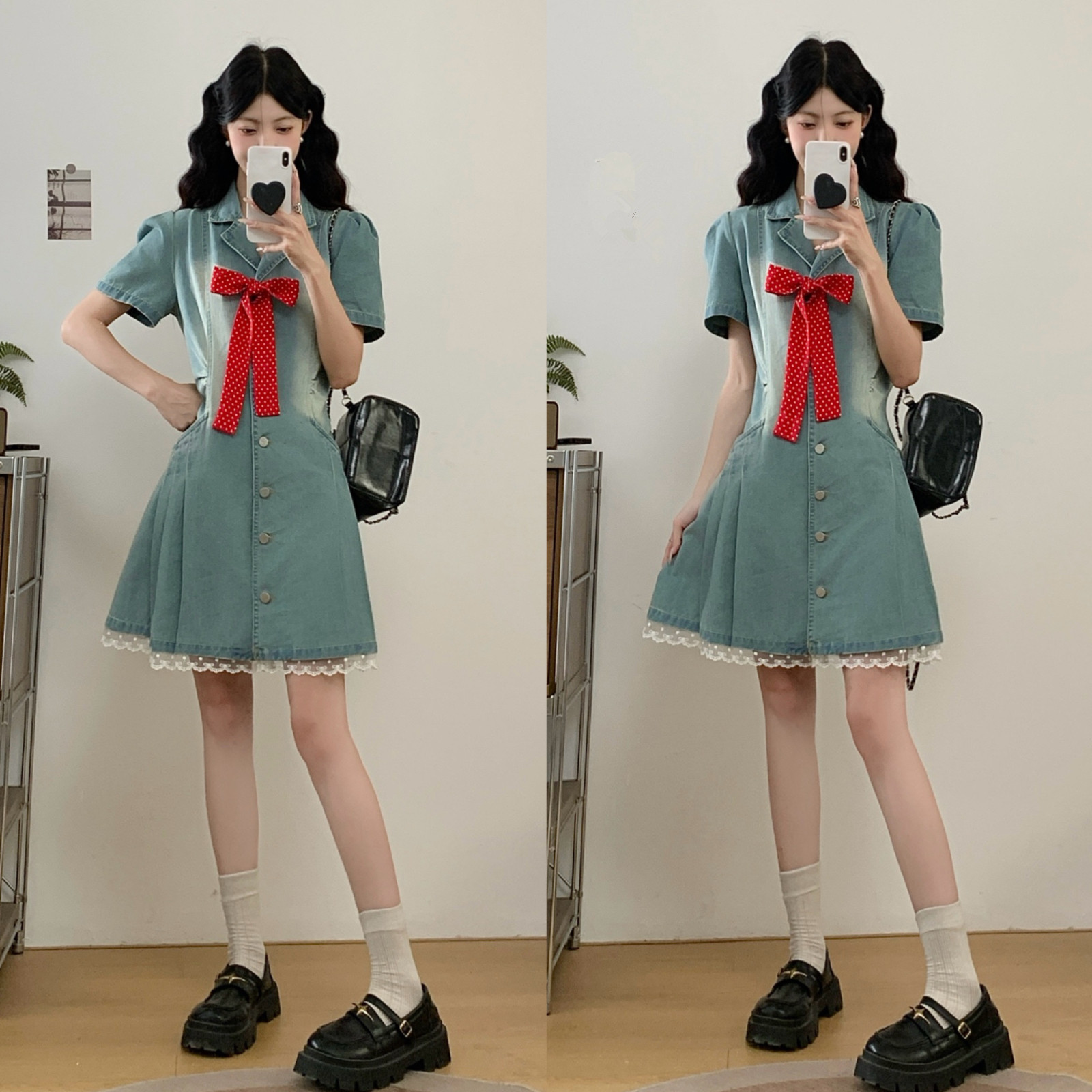 RY2134# 实拍大码女装翻领牛仔裙法式百褶连衣裙女胖MM收腰显瘦时尚法式裙