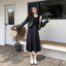 批发实拍大码女装牛仔外套加背心连衣裙套装胖MM收腰显瘦打底气质长裙