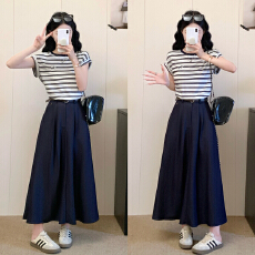 批发实拍大码女装套装条纹短袖T恤长款<b class='q'>半身裙</b>两件套收腰显瘦法式