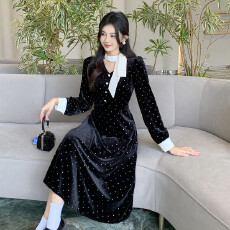 批发实拍大码女装<b class='q'>秋</b>冬新款胖MM收腰显瘦长袖丝绒连衣裙韩版甜美A字裙
