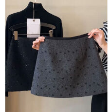 批发重工亮片毛呢短裙女2025秋冬新款韩版高腰显瘦A字裙小香风半身裙