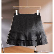 批发巨好看咖色毛呢百褶半身裙女2025秋冬季新款A字学院风蛋糕短裙子