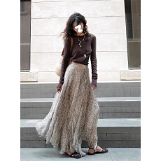 批发纯色简约休闲百搭针织T恤女复古不规则蛇纹印花半裙