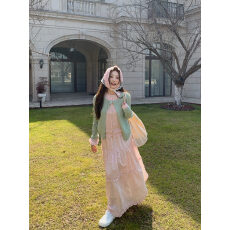 批发芭乐撞色叠穿层次感木耳边波点蛋糕长裙