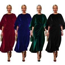 批发速卖通欧美 外贸优雅金丝绒收腰<b class='q'>蝙蝠</b>袖女装<b class='q'>连衣裙</b>