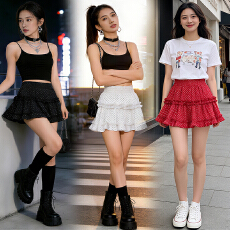 批发实拍2026 波点荷叶边短裙女夏季新款高腰<b class='q'>甜美</b>松紧腰蓬蓬a字半身裙