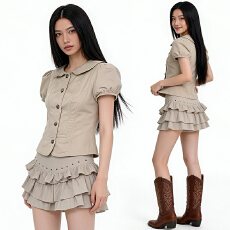 批发法式复古泡泡袖收腰短款上衣女2026夏季蛋糕短裙辣妹风气质两件套
