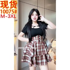 批发焦糖布朗尼胖mm新套装日系格子半身裙+镂空绑带上衣两件套