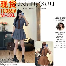 批发查理女孩胖mm复古格子衬衫女<b class='q'>夏</b>显瘦辣妹翻领收腰连衣裙