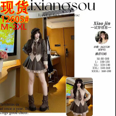 批发【摩卡慕斯】微胖mm美拉德复古氛围感撞色衬衫+百褶裙+<b class='q'>皮衣</b>