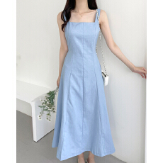 批发<b class='q'>韩国</b>chic 法式气质方领系带牛仔<b class='q'>连衣裙</b>长裙