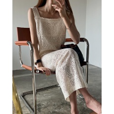 批发韩风法式气质方领<b class='q'>背心</b>连衣裙蕾丝无袖长款显瘦裙子夏季名媛风