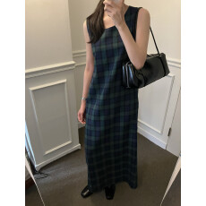 批发韩国 秋日 ins小众设计感 格子百搭 背心 连衣裙