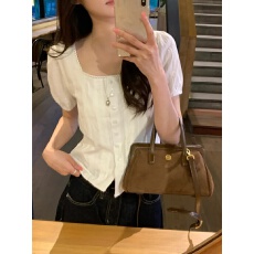 批发夏季新款短袖蝴蝶结方形领蕾丝衬衫