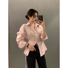 设计感条纹翻领系带长袖衬衣女修身显瘦衬衫