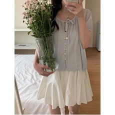 批发夏季新款系带泡泡袖短袖衬衫